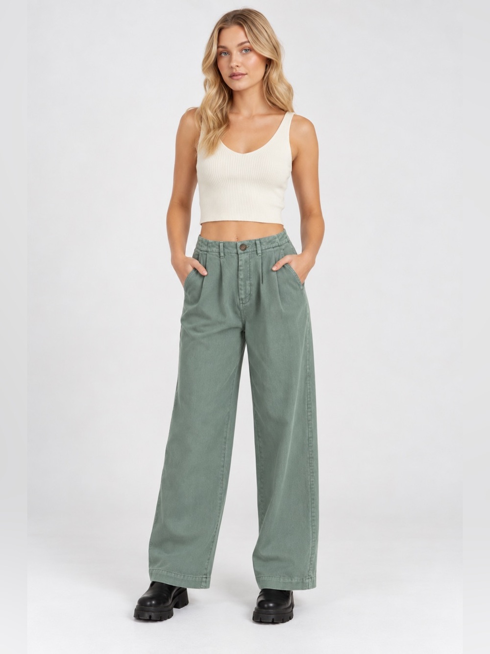 Mandalay & Co. Sage Green Pleated Wide Leg Utility Chino Pants S, M, L